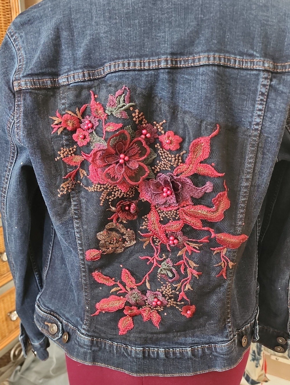 Dark Blue Denim Jacket with Red Floral Embroidery